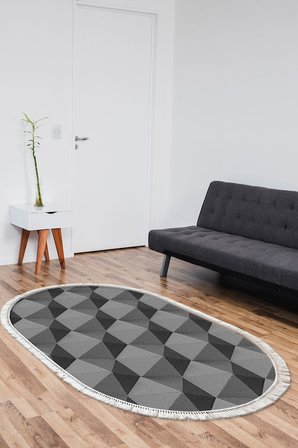 Kaymaz Dijital Mutfak & Salon Halı Star Pamuk Saçaklı Oval Geometrik E5010