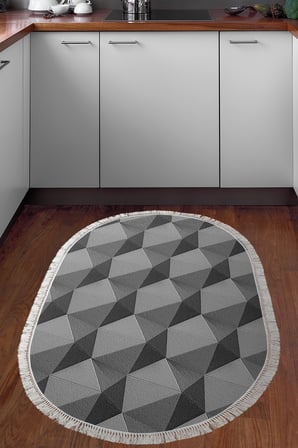 Kaymaz Dijital Mutfak & Salon Halı Star Pamuk Saçaklı Oval Geometrik E5010