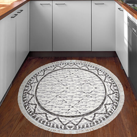 Dekoreko Kaymaz Taban Djt Mutfak Halısı Star Pamuk Saçaklı Yuvarlak İskandinav F5081