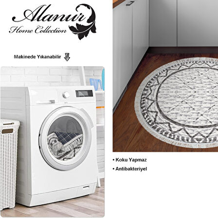 Dekoreko Kaymaz Taban Djt Mutfak Halısı Star Pamuk Saçaklı Yuvarlak İskandinav F5081