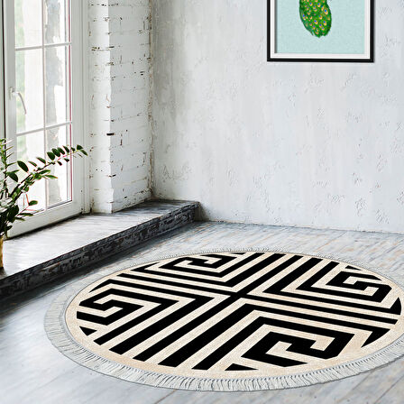 Dekoreko Kaymaz Taban Djt Salon Halısı Star Pamuk Saçaklı Yuvarlak Modern 658M