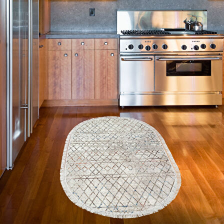 Dekoreko Kaymaz Taban Djt Mutfak Halısı Star Pamuk Saçaklı Oval İskandinav F5079