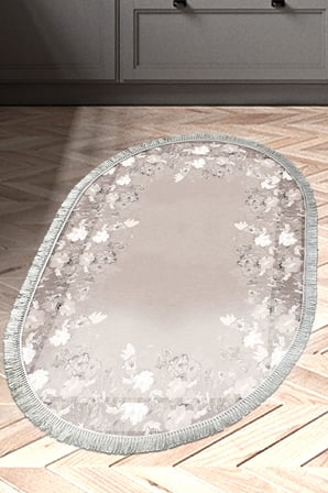 Dijital Baskılı Oval Salon Halısı | Kaymaz Yıkanabilir | Keçe Taban Saçaklı | Çiçekli | P1388