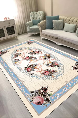 Dijital Baskılı Dikdörtgen Salon Halısı | Kaymaz Yıkanabilir | Keçe Taban | Klasik | 9171M