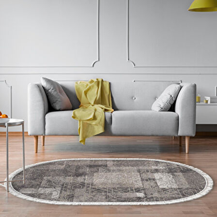 Dekoreko Kaymaz Taban Djt Salon Halısı Star Pamuk Saçaklı Oval İskandinav F5132