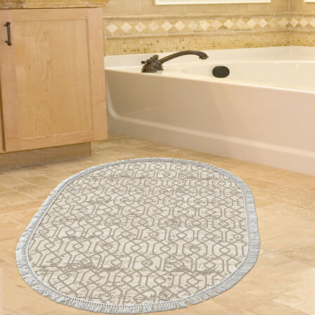 Dekoreko Kaymaz Taban Djt Banyo Halısı Yıldız Deri Saçaklı Oval Modern 757