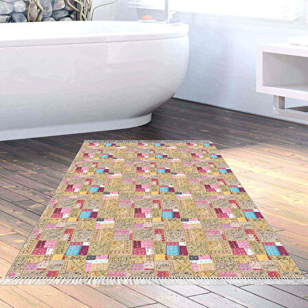 Dekoreko Kaymaz Taban Djt Banyo Halısı Yıldız Deri Saçaklı Modern 2155M