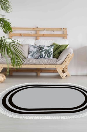 Dijital Baskılı Oval Salon Halısı | Kaymaz Yıkanabilir | Keçe Taban Saçaklı | Geometrik | 1696