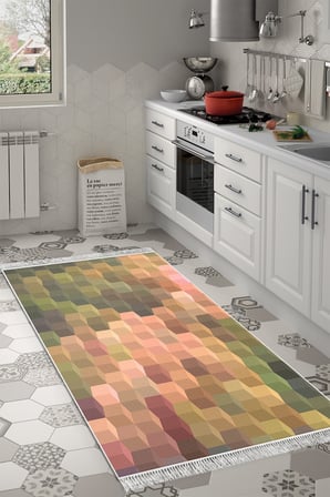 Kaymaz Dijital Mutfak & Salon Halı Trend Saçaklı Geometrik E5014