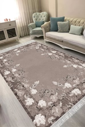 Dijital Baskılı Dikdörtgen Salon Halısı | Kaymaz Yıkanabilir | Keçe Taban Saçaklı | Çiçekli | P1388
