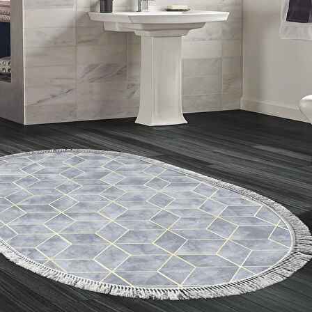 Dekoreko Kaymaz Taban Djt Banyo Halısı Yıldız Deri Saçaklı Oval Modern 627M