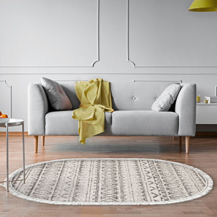 Dekoreko Kaymaz Taban Djt Salon Halısı Yıldız Deri Saçaklı Oval İskandinav F5078