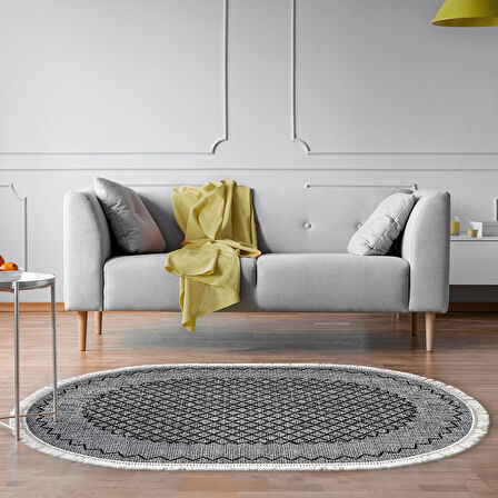 Dekoreko Kaymaz Taban Djt Salon Halısı Trend Saçaklı Oval Modern M5001