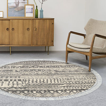 Dekoreko Kaymaz Taban Djt Salon Halısı Yıldız Deri Saçaklı Yuvarlak İskandinav F5080