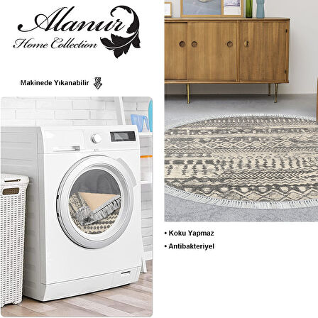 Dekoreko Kaymaz Taban Djt Salon Halısı Yıldız Deri Saçaklı Yuvarlak İskandinav F5080