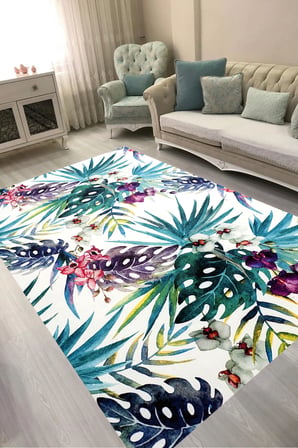 Dijital Baskılı Dikdörtgen Salon Halısı | Kaymaz Yıkanabilir | Keçe Taban | Çiçekli | S5048