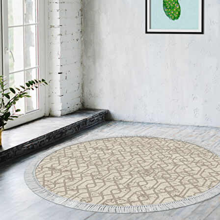 Dekoreko Kaymaz Taban Djt Salon Halısı Star Pamuk Saçaklı Yuvarlak Modern 757