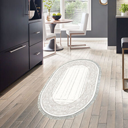 Dekoreko Kaymaz Taban Djt Mutfak Halısı Yıldız Deri Saçaklı Oval Modern M5076