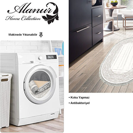 Dekoreko Kaymaz Taban Djt Mutfak Halısı Yıldız Deri Saçaklı Oval Modern M5076