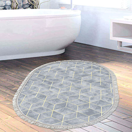 Dekoreko Kaymaz Taban Djt Banyo Halısı Trend Saçaklı Oval Modern 627M