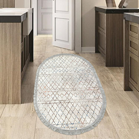 Dekoreko Kaymaz Taban Djt Mutfak Halısı Yıldız Deri Saçaklı Oval İskandinav F5079