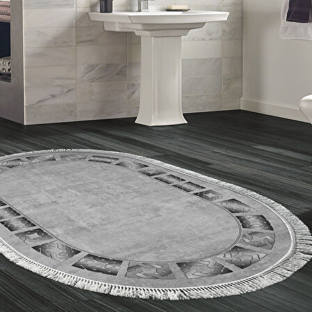 Dekoreko Kaymaz Taban Djt Banyo Halısı Trend Saçaklı Oval Modern 691M