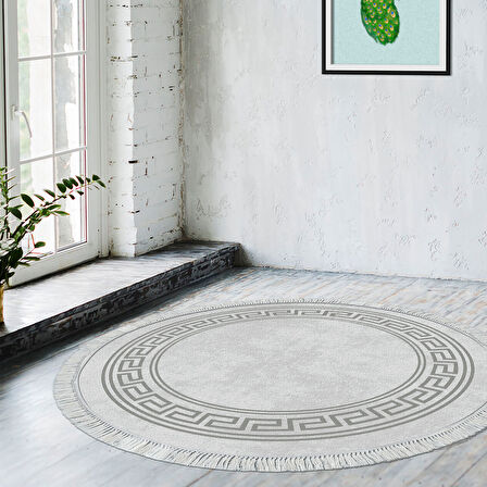 Dekoreko Kaymaz Taban Djt Salon Halısı Yıldız Deri Saçaklı Yuvarlak Modern 626M