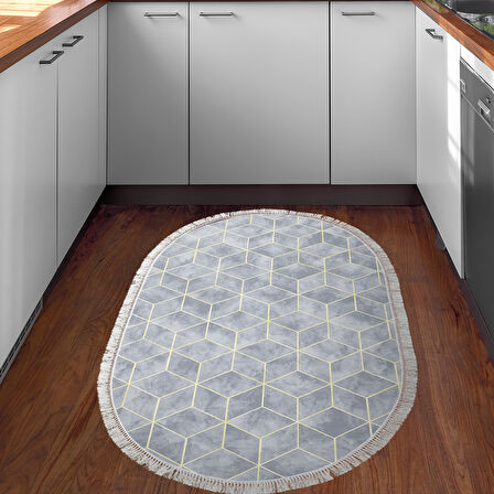 Dekoreko Kaymaz Taban Djt Mutfak Halısı Yıldız Deri Saçaklı Oval Modern 627M