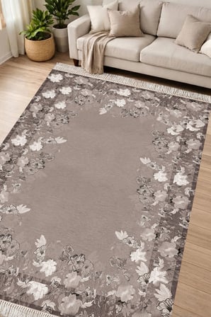 Dijital Baskılı Dikdörtgen Salon Halısı | Kaymaz Yıkanabilir | Deri Taban Saçaklı | Çiçekli | P1388