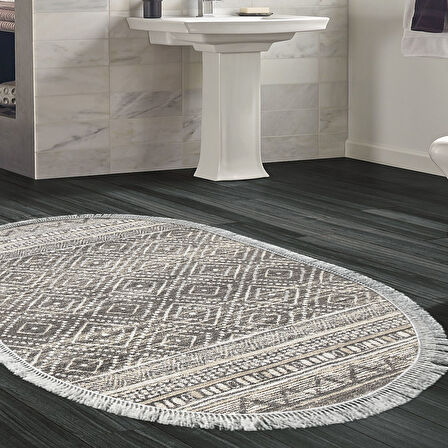Dekoreko Kaymaz Taban Djt Banyo Halısı Yıldız Deri Saçaklı Oval İskandinav F5087