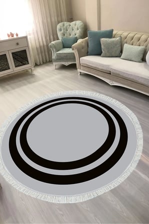 Dijital Baskılı Yuvarlak Salon Halısı | Kaymaz Yıkanabilir | Keçe Taban Saçaklı | Geometrik | 1696