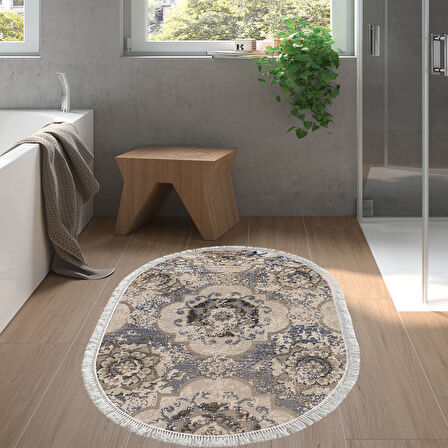 Dekoreko Kaymaz Taban Djt Banyo Halısı Star Pamuk Saçaklı Oval Modern 1903M