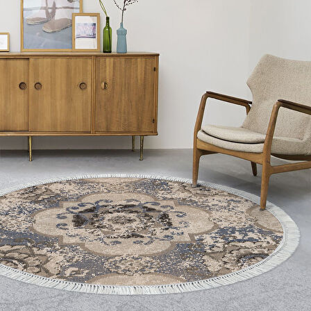 Dekoreko Kaymaz Taban Djt Salon Halısı Yıldız Deri Saçaklı Yuvarlak Modern 1903M