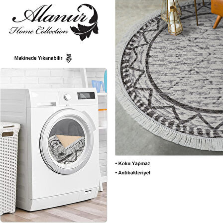 Dekoreko Kaymaz Taban Djt Salon Halısı Yıldız Deri Saçaklı Yuvarlak İskandinav F5081