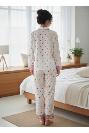 Laperissa Kadın Pijama Beyaz Kalp Desenli Saten Alt Üst Takım