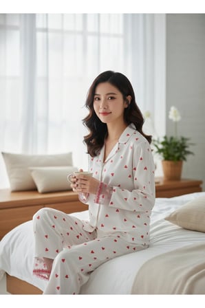 Laperissa Kadın Pijama Beyaz Kalp Desenli Saten Alt Üst Takım