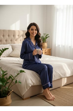 Laperissa Kadın Pijama Alt Üst Takım Lacivert Saten Beden 36 Mevsimlik