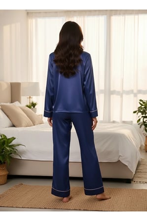 Laperissa Kadın Pijama Alt Üst Takım Lacivert Saten Beden 36 Mevsimlik