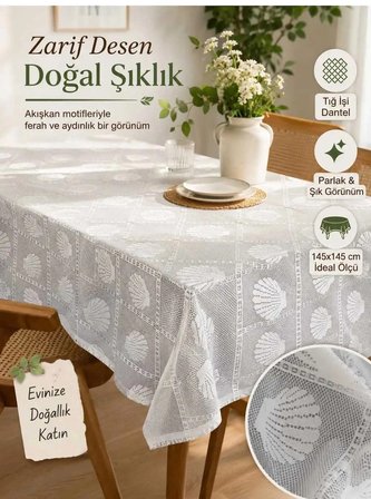 English Home Kare Masa Örtüsü 145x145 cm Beyaz Deniz Kabuğu Desenli Tığ İşi Dantelli