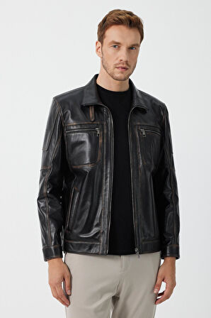 Kenny Siyah Vintage Deri Mont