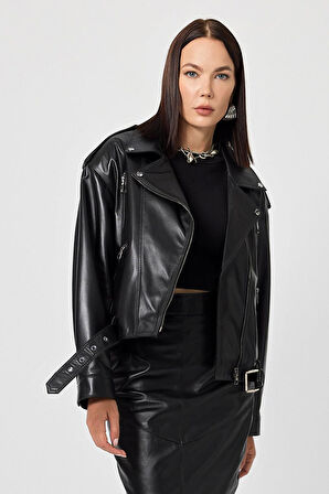 Emily Siyah Oversize Deri Mont