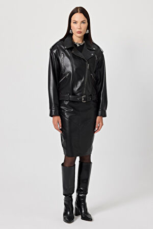 Emily Siyah Oversize Deri Mont
