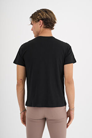 Erkek Siyah Baskılı %100 Pamuklu Standart Kalıp T-Shirt