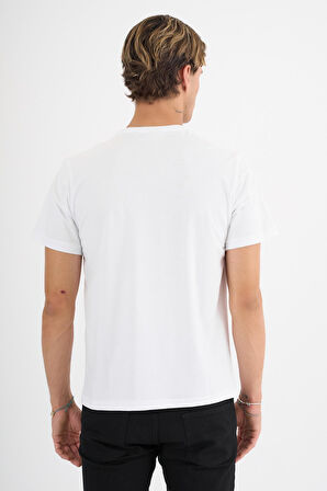 Erkek Beyaz Baskılı %100 Pamuklu Standart Kalıp T-sihrt  