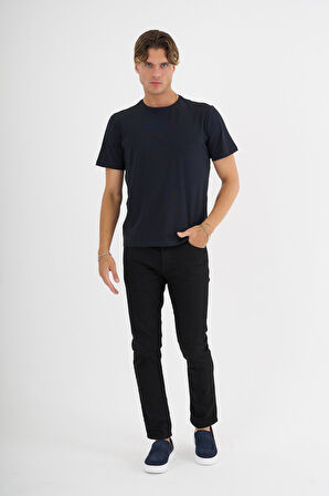 Erkek Lacivert %100 Pamuklu Standart Kalıp  Likralı Basic T-Shirt  