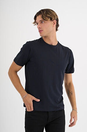 Erkek Lacivert %100 Pamuklu Standart Kalıp  Likralı Basic T-Shirt  