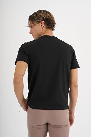 Erkek Siyah %100 Pamuklu Standart Kalıp Likralı  Basic T-Shirt  
