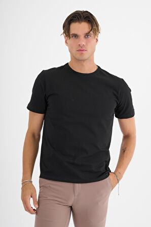 Erkek Siyah %100 Pamuklu Standart Kalıp Likralı  Basic T-Shirt  
