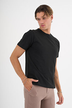 Erkek Siyah %100 Pamuklu Standart Kalıp Likralı  Basic T-Shirt  