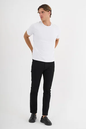 Erkek Beyaz %100 Pamuklu Standart Kalıp Likralı  Basic T-Shirt  